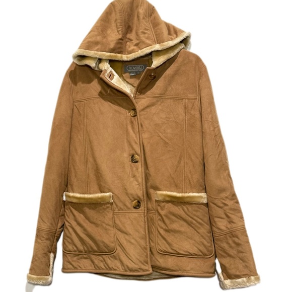 Novelti Jackets & Blazers - Novelti Tan Suede Fur Lined Hooded 4 Button Down Closure Jacket Coat Size S NWT
